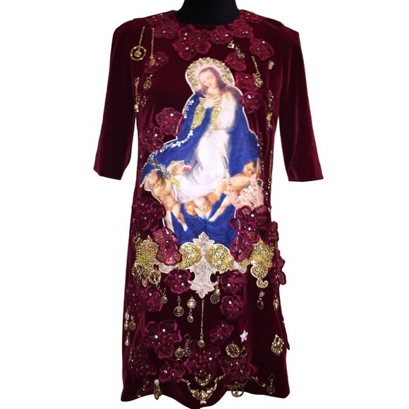 Luxury Designer Runway Embroidery Velvet Beaded Baroque Burgundy Red Gold Dress - Picture 10 of 16